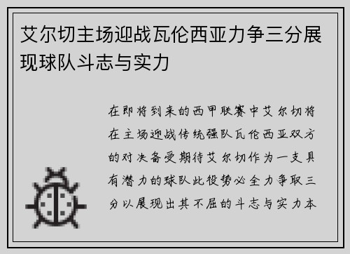 艾尔切主场迎战瓦伦西亚力争三分展现球队斗志与实力