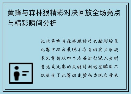 黄蜂与森林狼精彩对决回放全场亮点与精彩瞬间分析